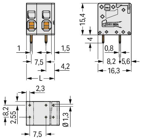 'WAGO 2624' Bauteilabmessungen: 15,4 mm Höhe, 7,5 mm Breite, 8,2 mm Tiefe. Stiftabstand: 2,3 mm. Detailliertes technisches Schaltbild.