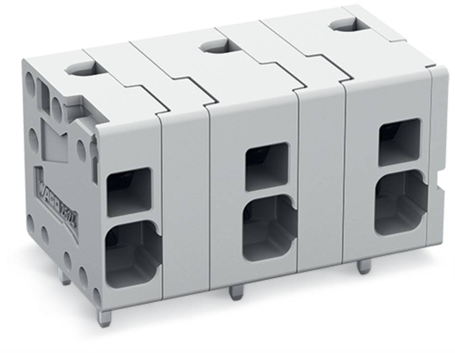 Ein grauer modularer Steckverbinderblock mit mehreren Schlitzen und Öffnungen, entwickelt für elektrische Verbindungen. Er ist vor einem weißen Hintergrund angebracht.