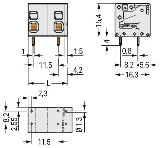 Technische Zeichnung des WAGO 236-402 Relaissteckers mit Abmessungen: Höhe 18,2 mm, Breite 16,3 mm, Länge 11,5 mm. Stiftabstand 4,2 mm.