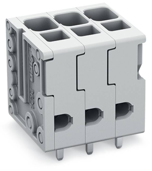 Ein grauer dreipoliger Klemmblock mit mehreren Anschllusspunkten, entwickelt für die elektrische Verdrahtung und Schaltungsverwaltung.