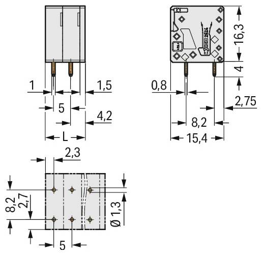 Diagramm eines Relais mit Abmessungen: Höhe 36,7mm, Breite 27mm, Tiefe 12,5mm. Pinabstand: 5,5mm, 7,5mm und 3,5mm.