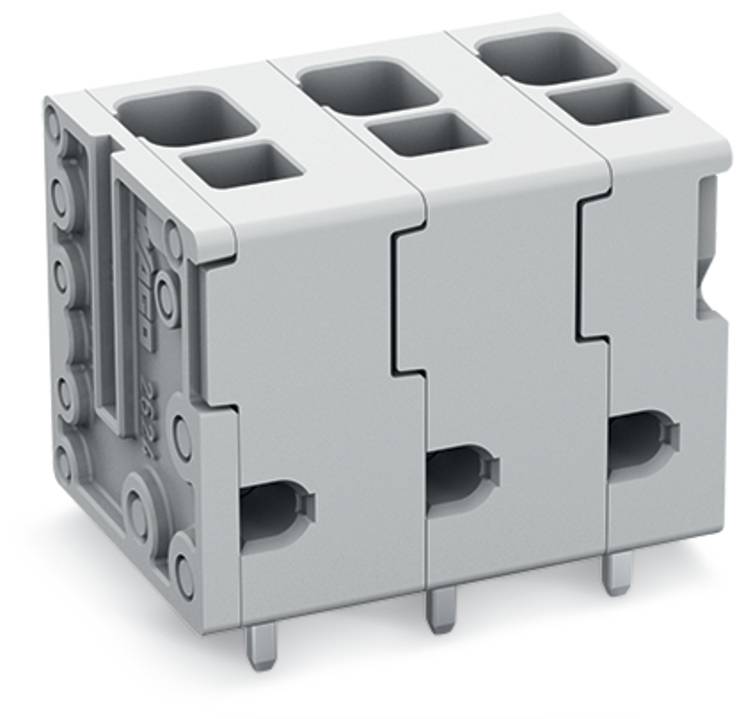 Ein grauer, dreipoliger elektrischer Steckverbinder mit beschrifteten Anschlussfeldern, der für einfache Verkabelung und sichere elektrische Verbindungen konzipiert ist.