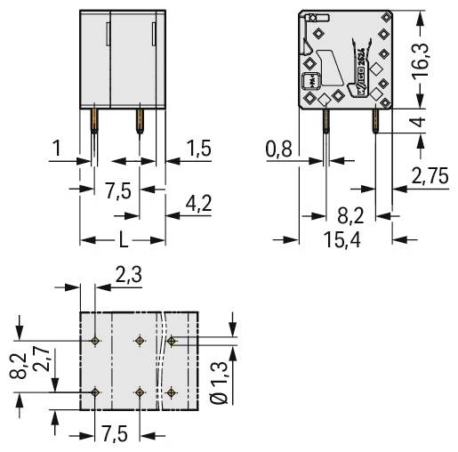 Technisches Diagramm einer elektronischen Komponente mit Maßangaben in Millimetern, das verschiedene Ansichten für genaue Abmessungen und Layout zeigt.