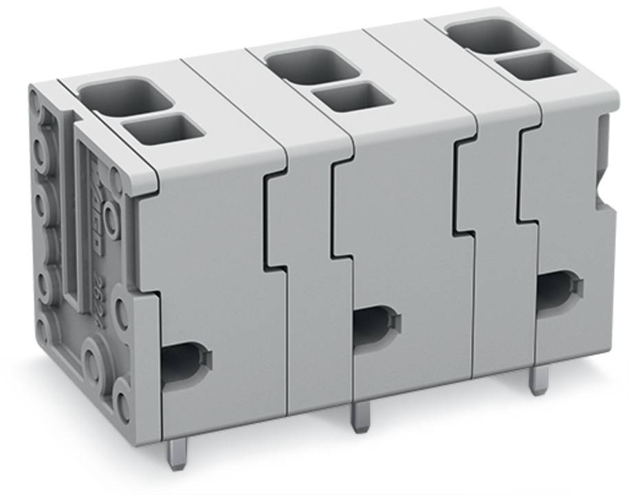 „Drei graue Verbindungsblöcke in einer Reihe angeordnet, jeder mit mehreren Schlitzen und kreisförmigen Mustern an der Seite, verwendet für elektrische Verbindungen.