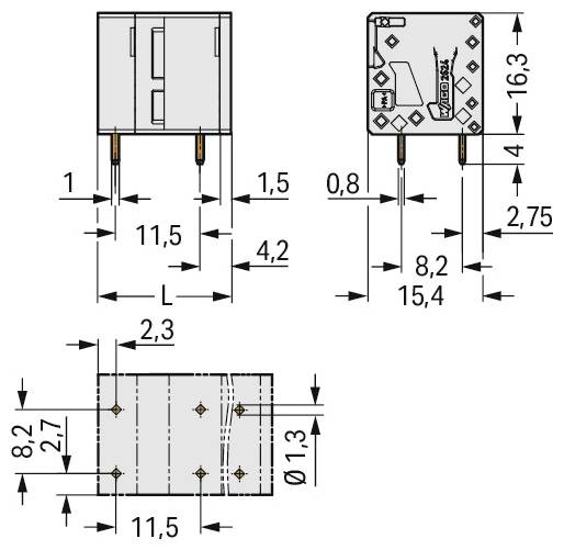 Technische Zeichnung eines Anschlussblocks mit den Abmessungen: Länge 32,2 mm, Breite 20,5 mm und Höhe 15,3 mm.