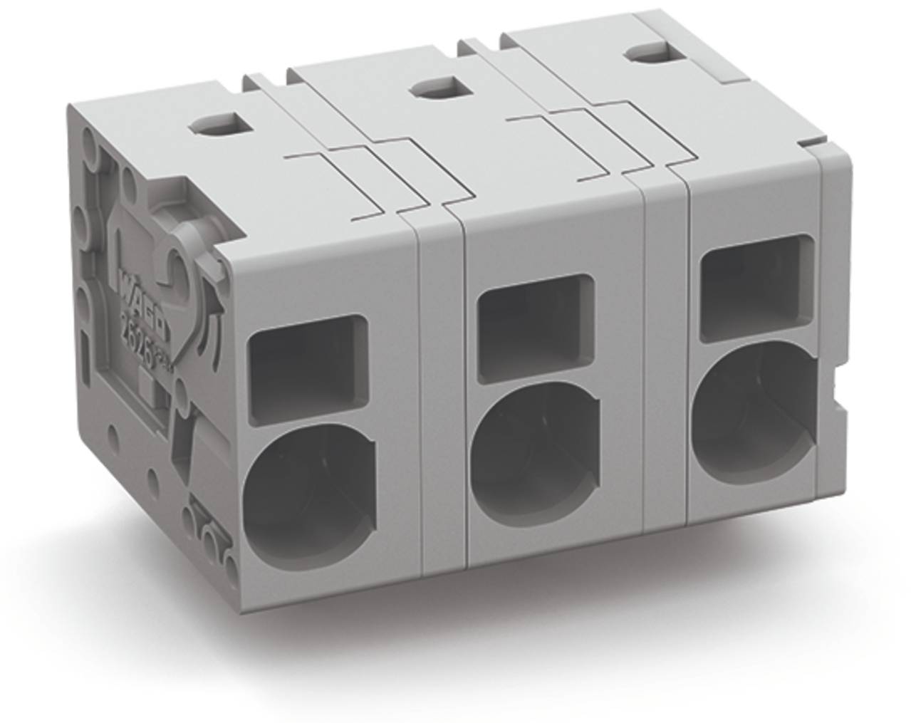 Ein graues Elektroklemmenleiste mit drei Anschllusspunkten, mit kompaktem und modularem Design, das für industrielle Anwendungen geeignet ist.