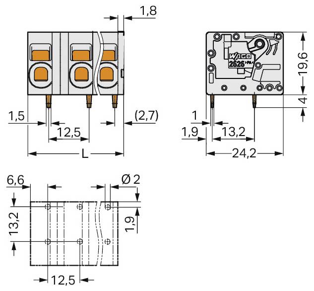 „Technisches Diagramm mit Abmessungen: Draufsicht, Seitenansicht und Unteransicht eines elektrischen Steckers. Wichtige Messwerte sind in Millimetern gekennzeichnet.