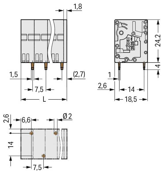 Technische Zeichnung einer elektrischen Komponente mit beschrifteten Abmessungen. Mehrere Ansichten heben Messungen und Konstruktionsdetails für die Montage hervor.