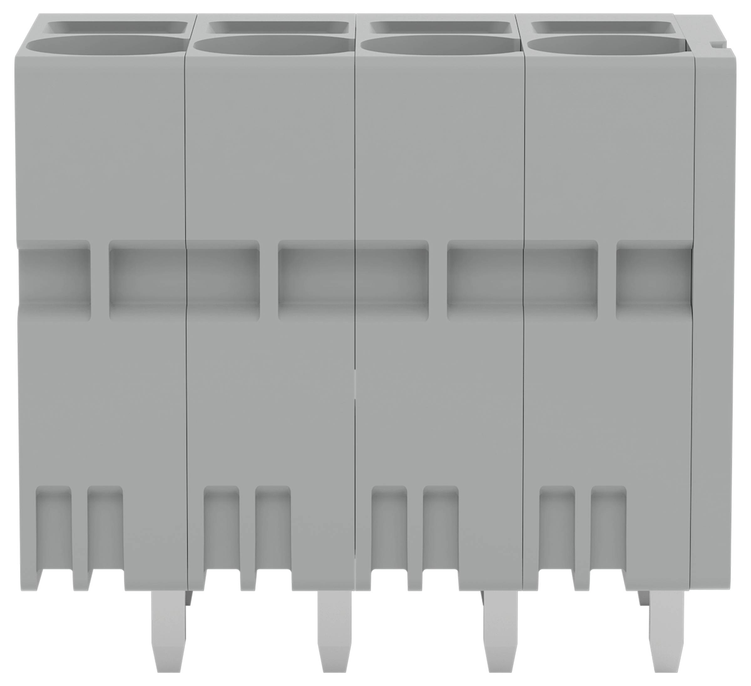 Ein grauer Elektrosteckverbinder mit vier Anschlussplätzen, entwickelt zum Verbinden von elektrischen Leitungen, verwendet in elektronischen Geräten.