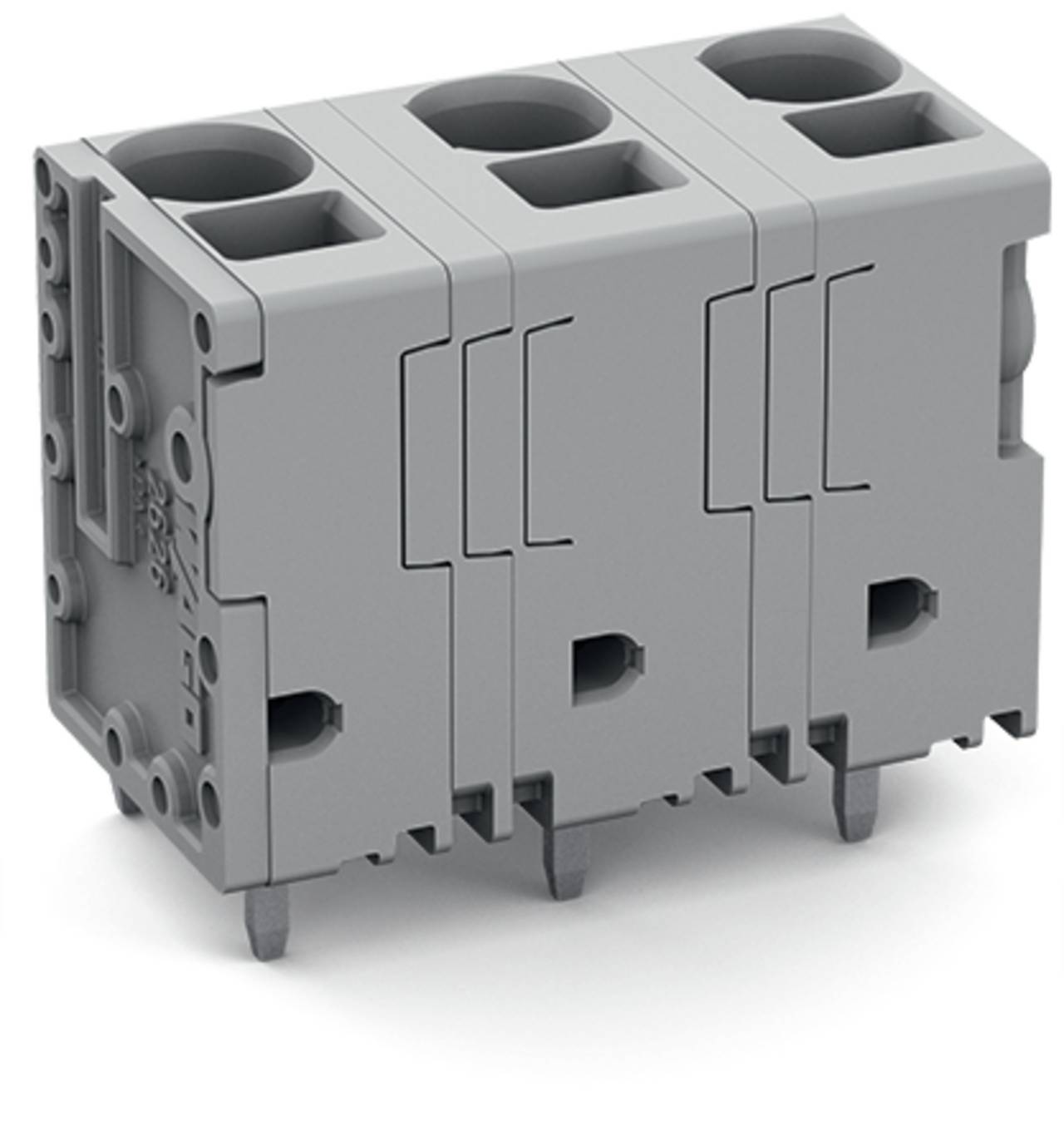 Ein graues dreipoliges elektrisches Klemmblock mit drei Drahteinführungspunkten oben und Befestigungsstiften am unteren Ende, das für Schaltungsverbindungen verwendet wird.