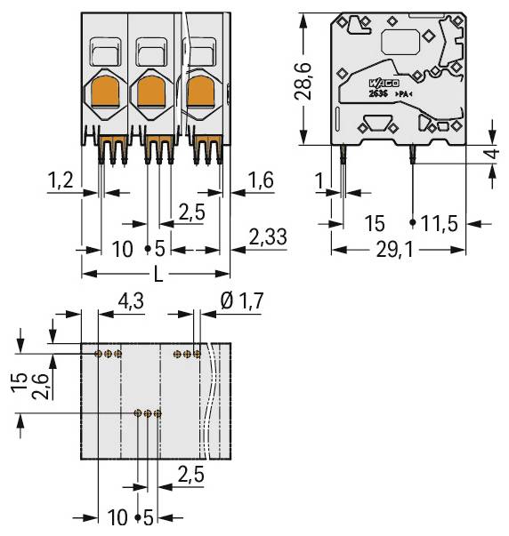 Technisches Schaltplan eines Relais mit Seiten- und Draufsicht mit Abmessungen: 31,3 mm Höhe, 15 mm Breite und verschiedenen Stiftmessungen.