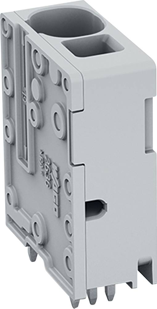 Eine graue, rechteckige elektronische Komponente mit mehreren Stiftkonnektoren, die von der Unterseite herausragen, wird für die Montage auf Leiterplatten verwendet.