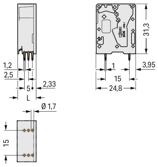 Technisches Schaltbild einer elektronischen Komponente mit Abmessungen: Höhe 31,3 mm, Breite 24,8 mm, Tiefe 15 mm und Pinabstand 2,5 mm.