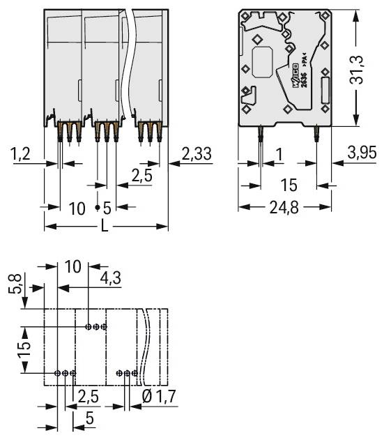 Diagramm mit den Abmessungen eines elektrischen Steckers. Die Messungen umfassen 3,5 mm, 2,8 mm, 8,6 mm, 5,2 mm, 24,6 mm, 16,8 mm, 23,4 mm, 13,4 mm und 9,95 mm.