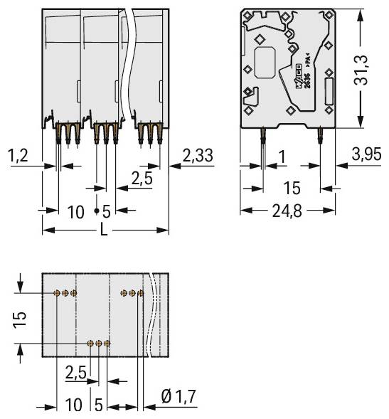 Diagramm mit Abmessungen und Anordnung einer elektronischen Relaiskomponente, einschließlich Höhen-, Breiten- und Stiftabstandsmessungen.