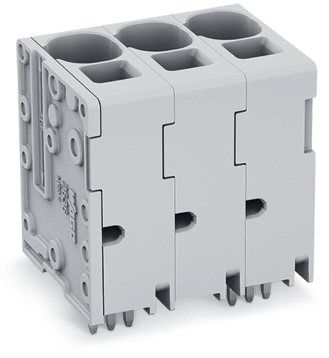 Ein Block aus grauer industrieller Elektrostecker mit mehreren Eingangssteckplätzen, verwendet für Leiterplattensteckverbindungen, auf weißem Hintergrund dargestellt.