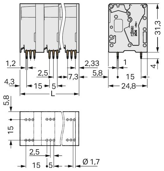 Technisches Diagramm mit Abmessungen der Elektrokomponente: Breite 31,3 mm, Länge 24,8 mm, Pinabstand und detaillierte Maße.