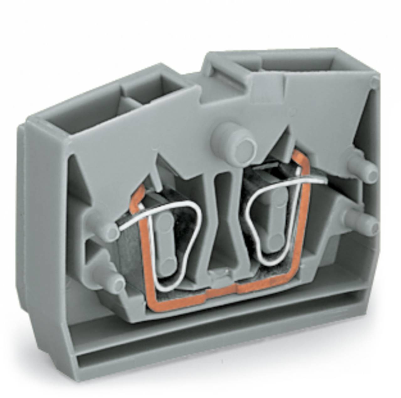 Ein graues Elektroklemmenblock mit zwei Metallkonnektoren und Kupferverdrahtung, das zur Drahtverbindung und Verteilung in elektrischen Systemen verwendet wird.