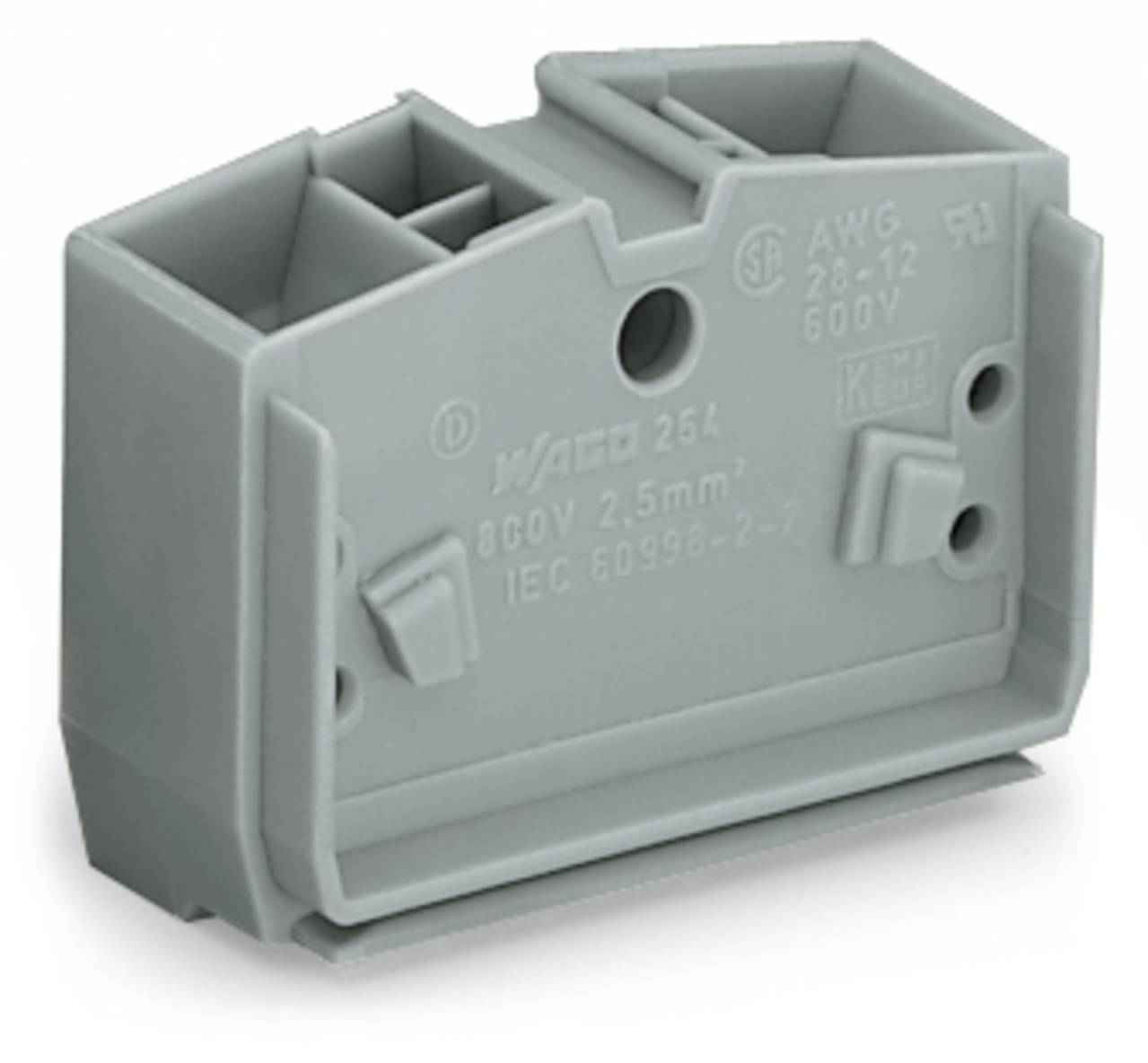 Ein graues Elektrik-Anschlussblock mit Spezifikationen: AWG 28-12, 600V, 26A und IEC 60998-2-1, entwickelt für sichere Drahtverbindungen.