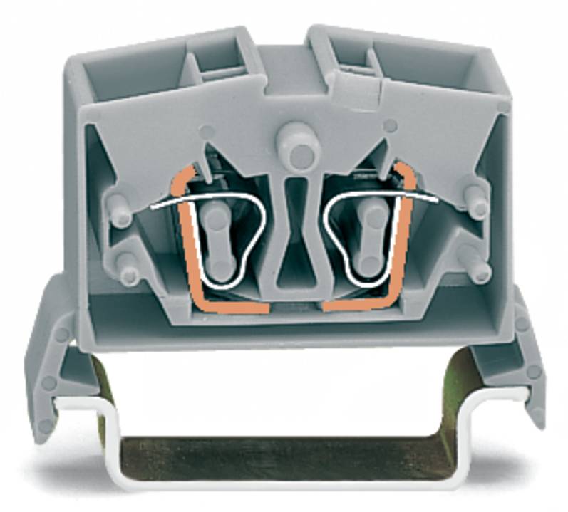 Eine zugeschnittene Ansicht eines grauen Klemmblocks mit sichtbaren internen Kupferkontakten und einer Metallmontageklammer, die für elektrische Verbindungen verwendet wird.
