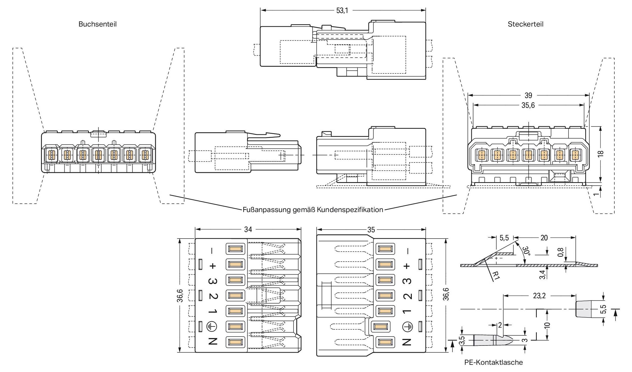 Technische Zeichnung einer Steckverbinderanordnung mit Vorder-, Draufsicht und Seitenansicht mit Abmessungen. Enthält gekennzeichnete Stiftpositionen und Messwerte.