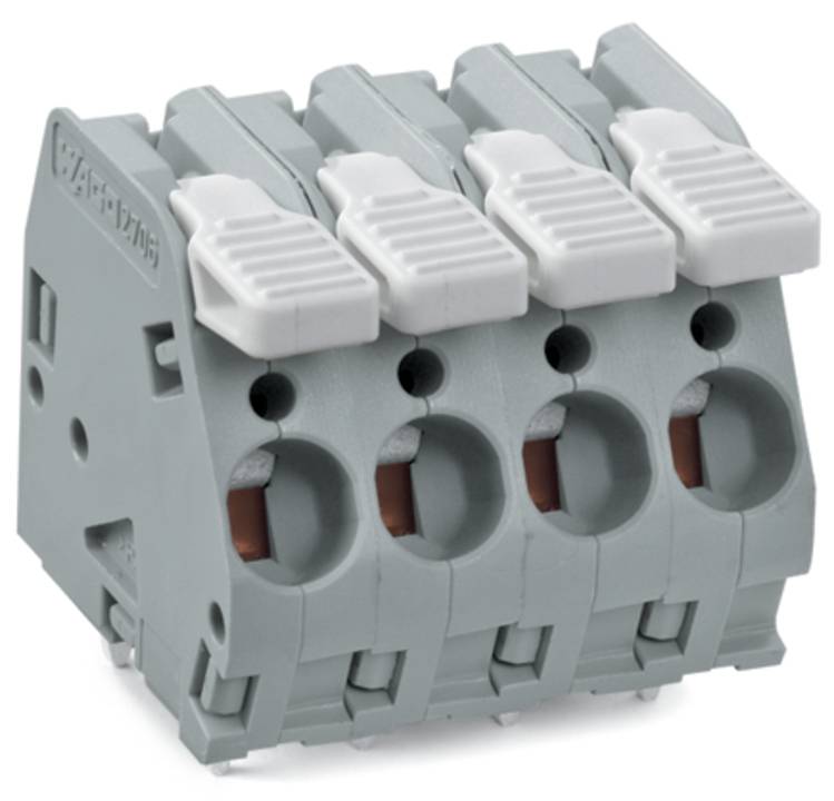 Ein grauer, vierpoliger Klemmblock mit weißen Hebeln, verwendet für elektrische Verbindungen.