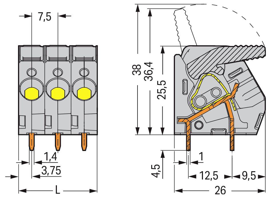 Technisches Diagramm eines Elektrosteckers mit Abmessungen in Millimetern. Enthält Vorder-, Seiten- und Draufsichten mit Details zu Stiftabstand und Größe.
