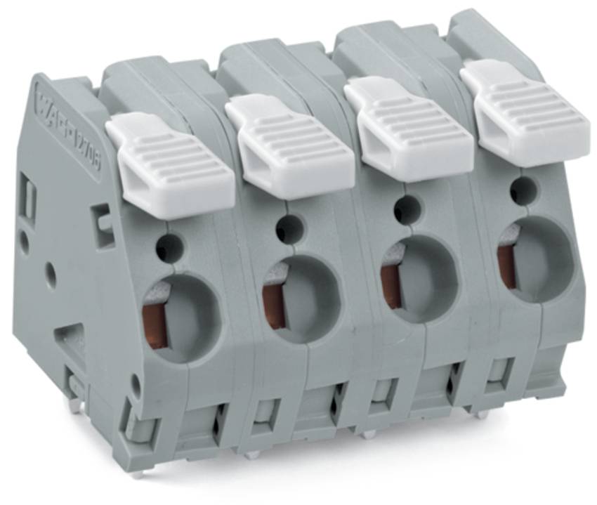Ein grauer, vierpoliger Steckklemmenblock mit weißen Hebeln für elektrische Verbindungen.