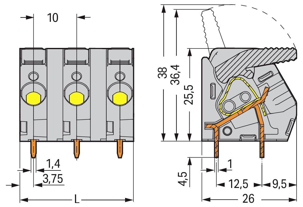 Technische Zeichnung eines dreipoligen Drahtsteckers mit Abmessungen: 38 mm Höhe, 10 mm Länge und verschiedenen Breitenmessungen.