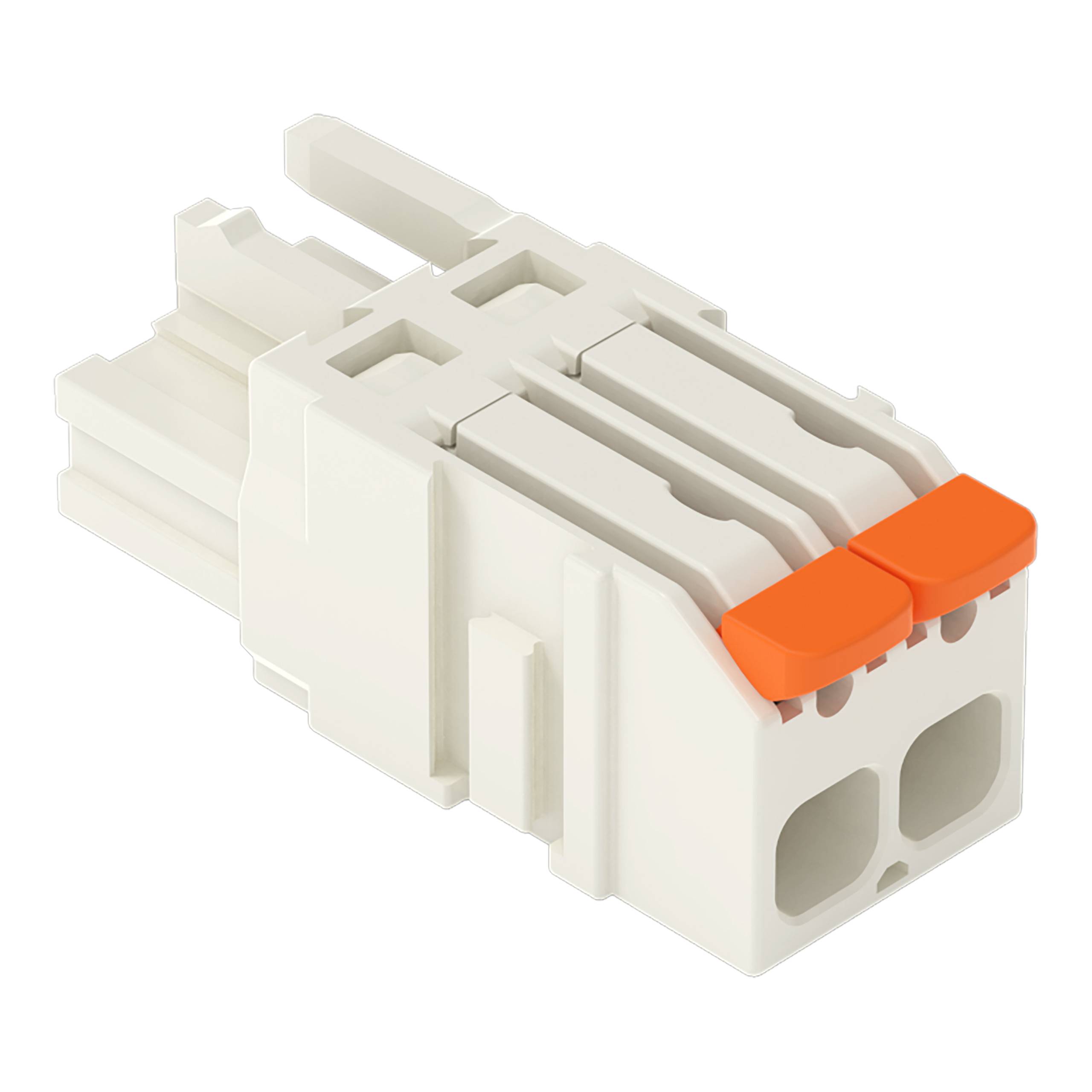 Ein weißer Elektrostecker mit zwei orangefarbenen Hebeln und dualen Eingangsanschlüssen, entwickelt für sichere Verdrahtungsverbindungen.