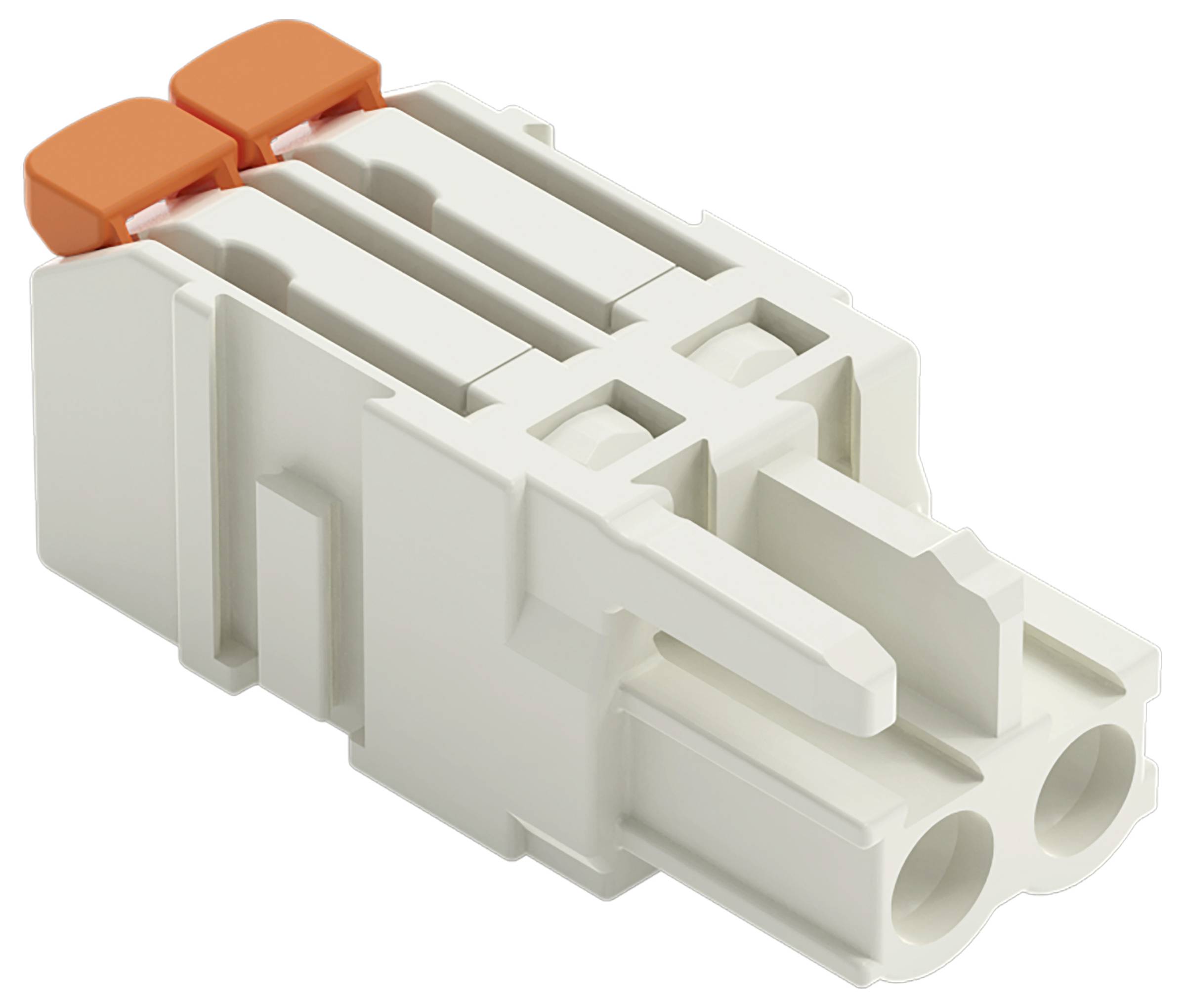 Ein weiß-orangefarbiger zweipoliger elektrischer Stecker, der die Detailansicht des Verriegelungsmechanismus und der Drahteintrittspunkte zeigt.