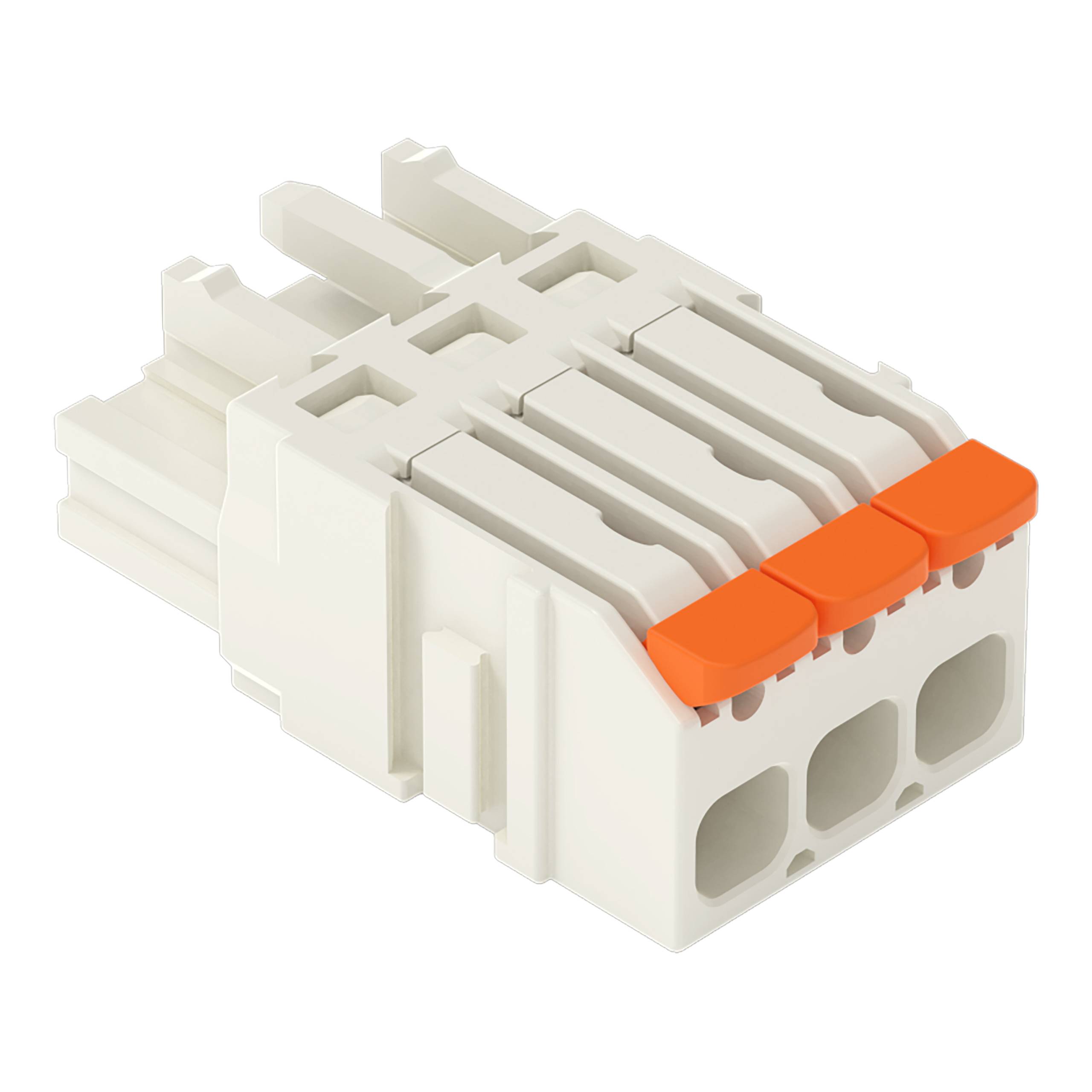 Ein dreipoliger Stecker mit orangefarbenen Entriegelungsknöpfen, üblicherweise für Verdrahtung und elektrische Verbindungen verwendet.