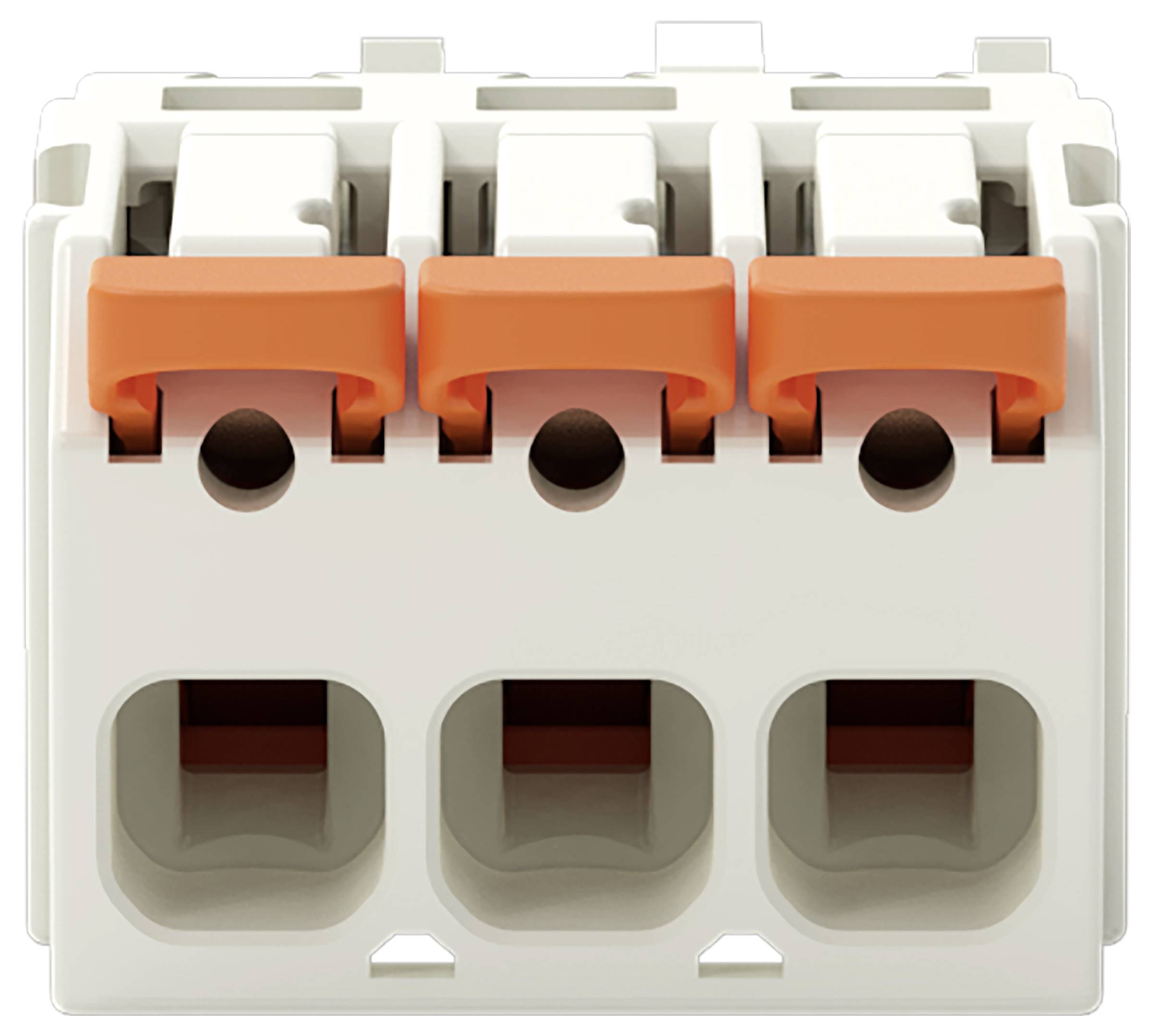Dreipoliger Klemmblock mit orangefarbenen Hebeln, designed für sichere elektrische Verbindungen. Jede Position ist klar voneinander getrennt.