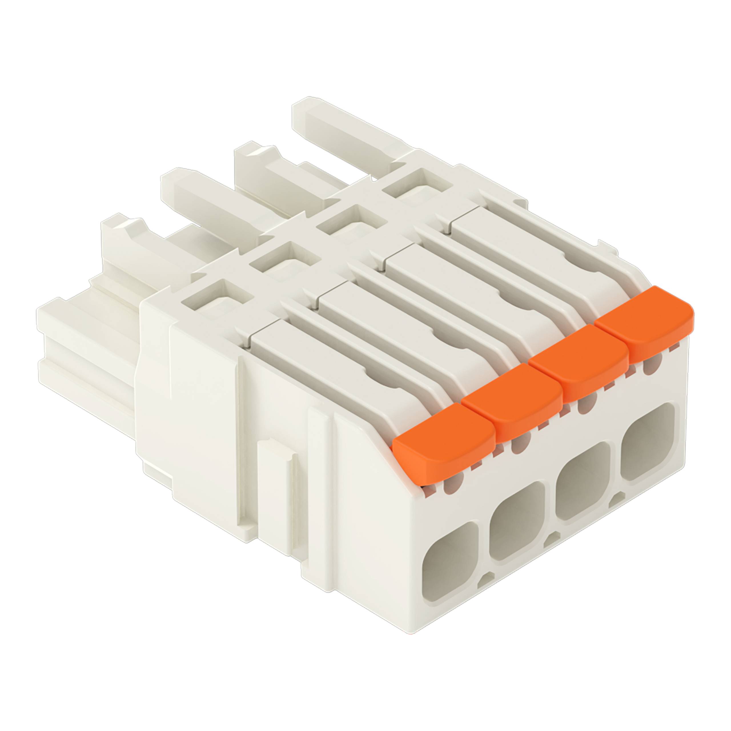 Ein weißer mehrpoliger Elektrostecker mit vier Öffnungen und orangefarbenen Hebelverschlüssen oben, entwickelt zum sicheren Halten von Drähten.