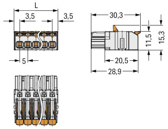 Technische Zeichnung eines elektrischen Steckers mit beschrifteten Abmessungen. Draufsicht, Seitenansicht und Vorderansicht enthalten Messungen in Millimetern.