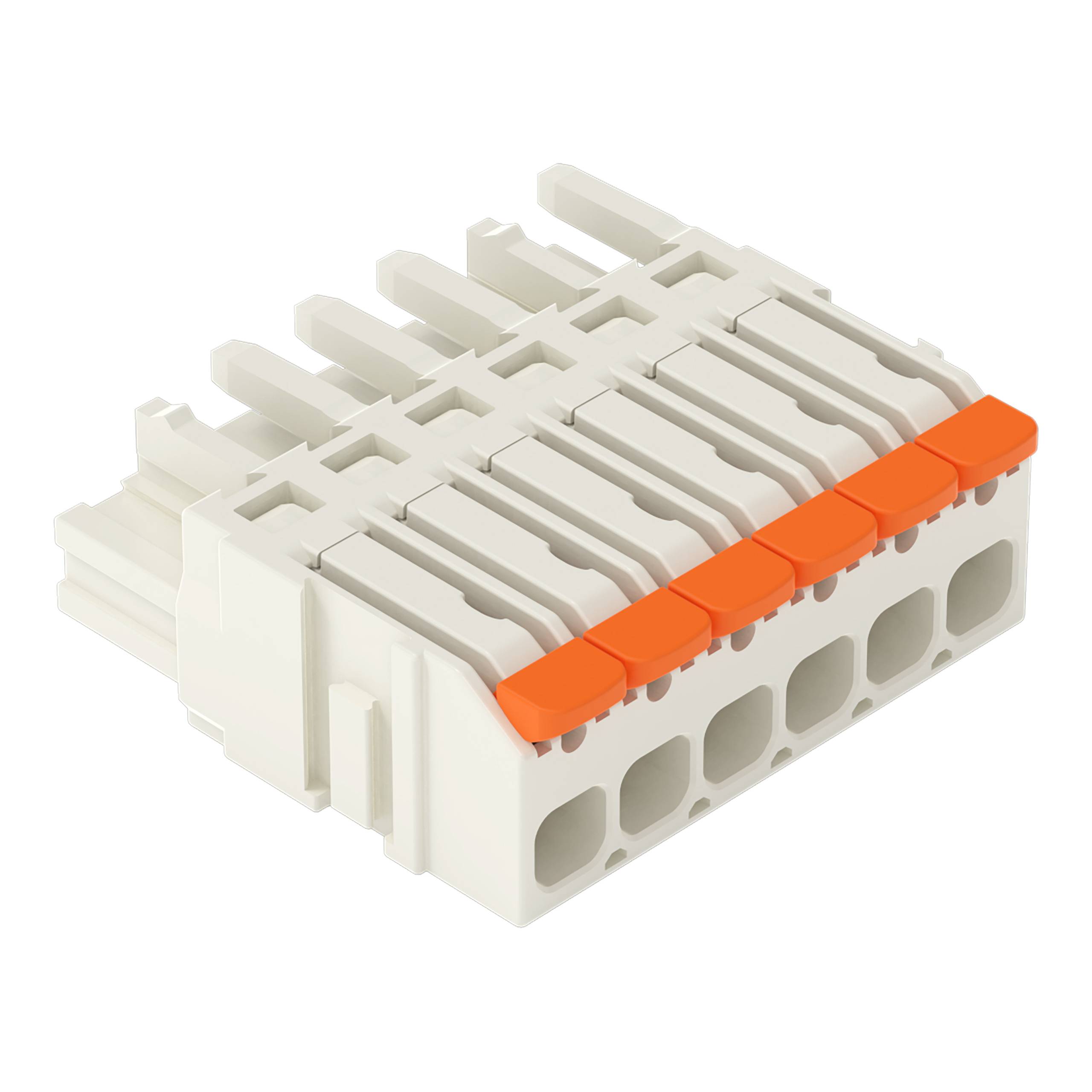 Ein weißer elektrischer Stecker mit sechs orangefarbenen Hebeln, der zur Befestigung von Drähten verwendet wird. Die Hebel befinden sich oben und zeigen offene Schlitze an.