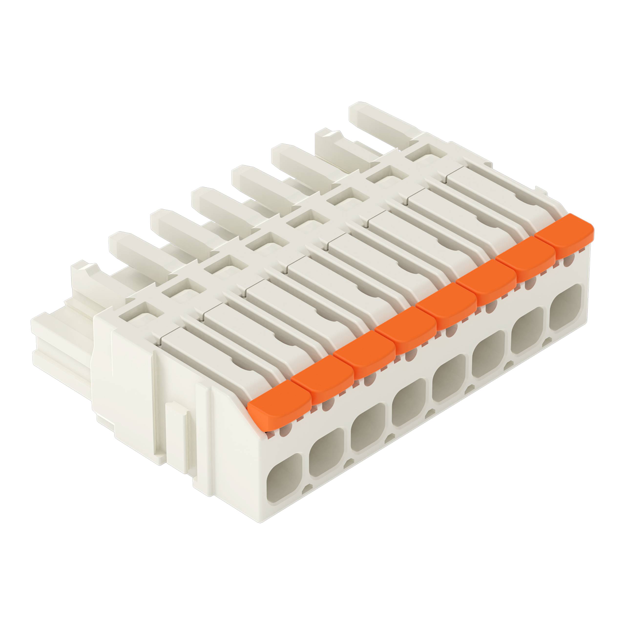Ein rechteckiger Kunststoffverbindungsblock mit neun Schlitzen und orangefarbigen Hebeln oben, der zum sicheren Verbinden von elektrischen Drähten verwendet wird.
