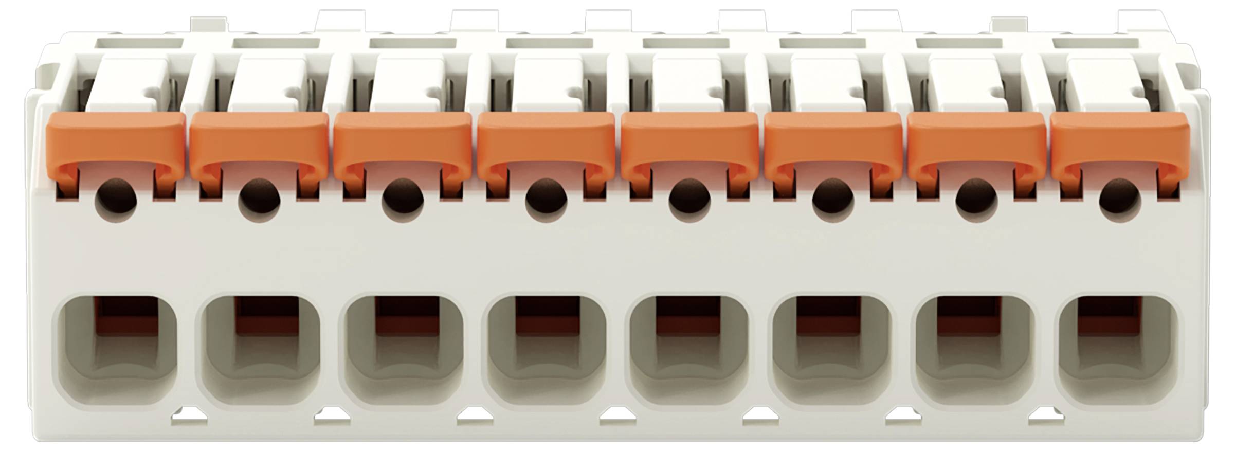 Nahaufnahme eines grauen elektrischen Klemmleistenblocks mit orangefarbenen Hebeln, mit sieben Anschlußpunkten in einer Reihe angeordnet.