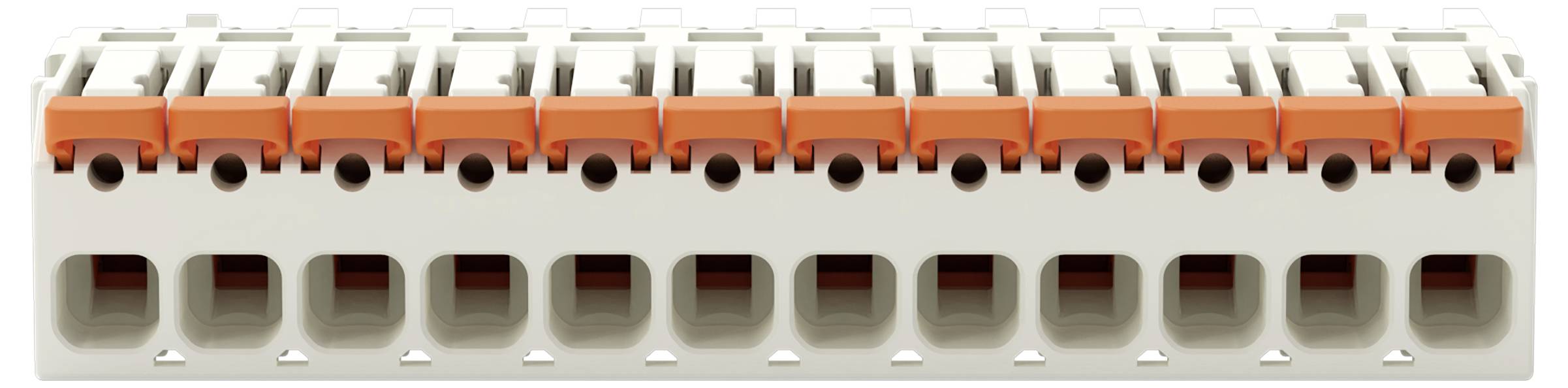 Ein Klemmblock mit einem orangefarbenen Hebelsystem, das für sichere elektrische Verbindungen ausgelegt ist und mehrere Anschlussöffnungen aufweist.