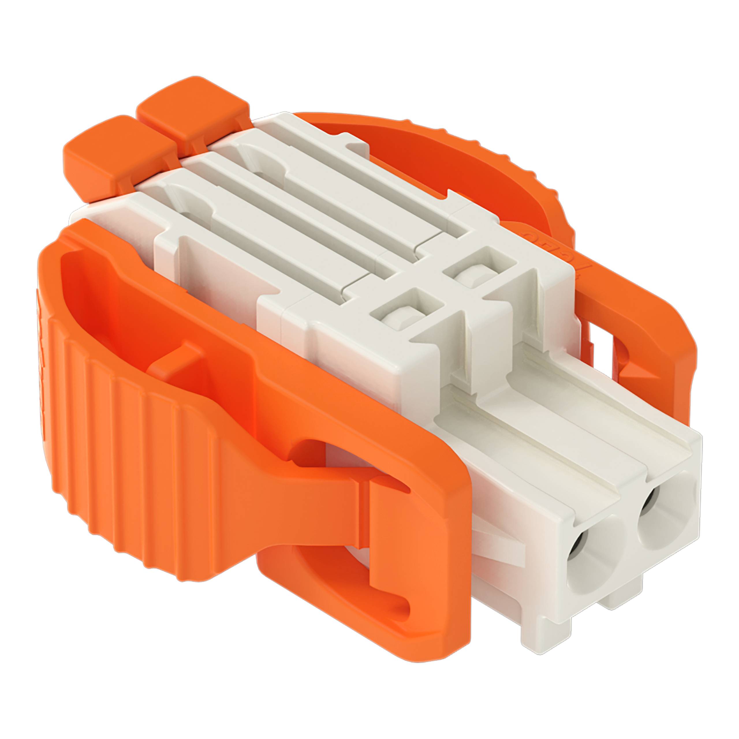 Ein orange-weißer Kunststoff-Verbindungsblock mit zwei Anschlüssen, entwickelt zum sicheren Verbinden von elektrischen Drähten.