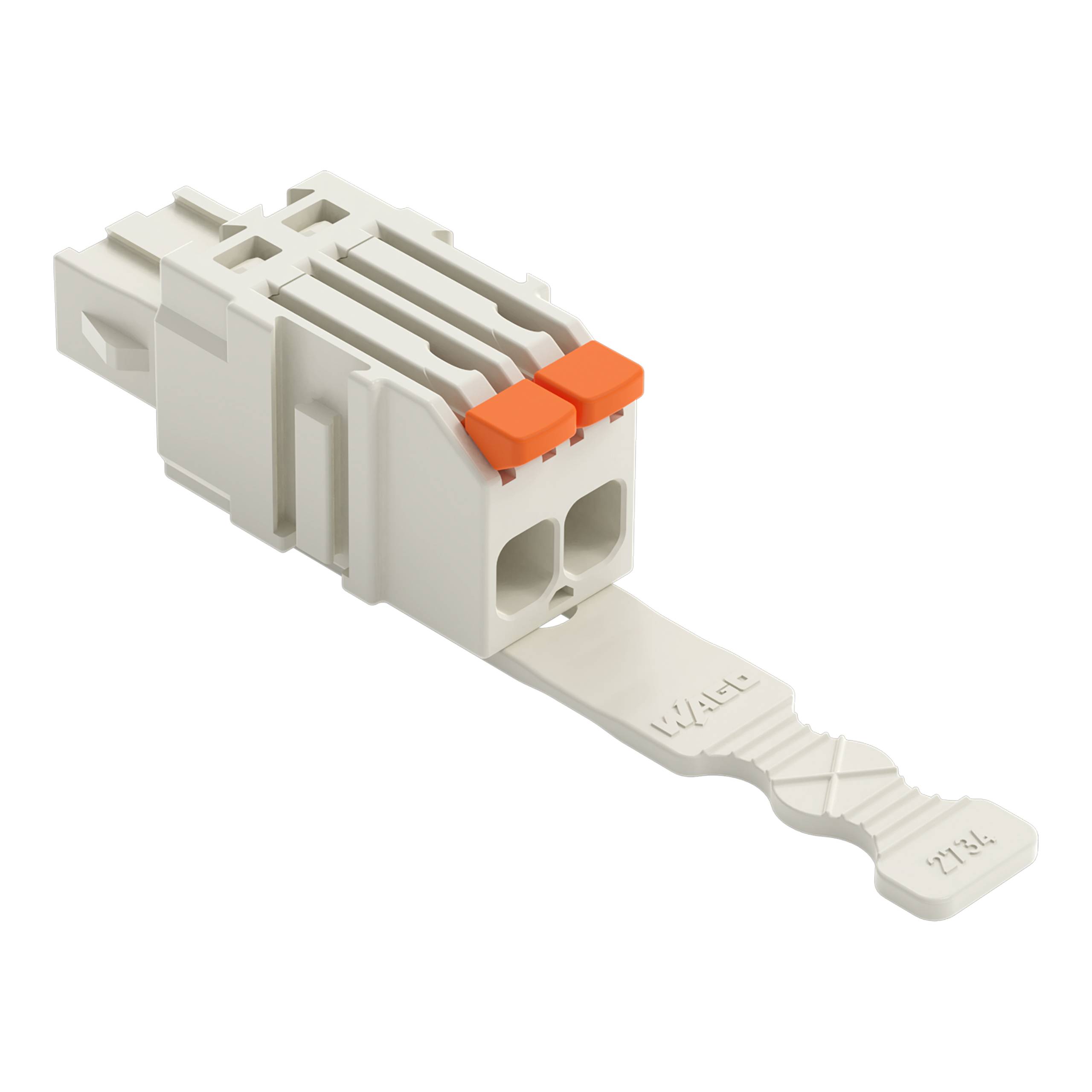 Ein weißer elektrischer Stecker mit zwei orangefarbenen Entriegelungstasten, konstruiert für einfache Verbindungen. Gekennzeichnet mit „Wago