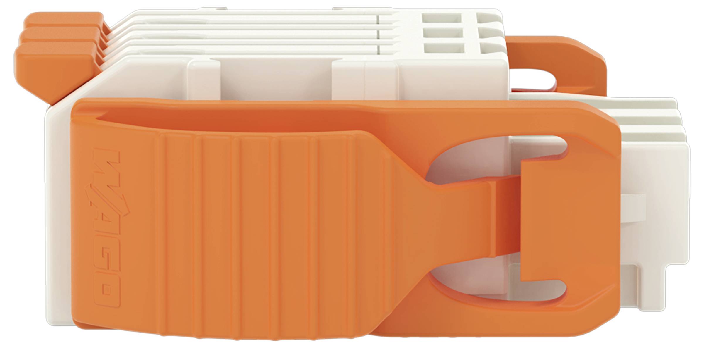 Ein orange-weißes Kunststoffgerät mit Riffelgriff und Verschlussmechanismus, möglicherweise eine Komponente oder ein Teil, das in elektrischen oder mechanischen Systemen verwendet wird.