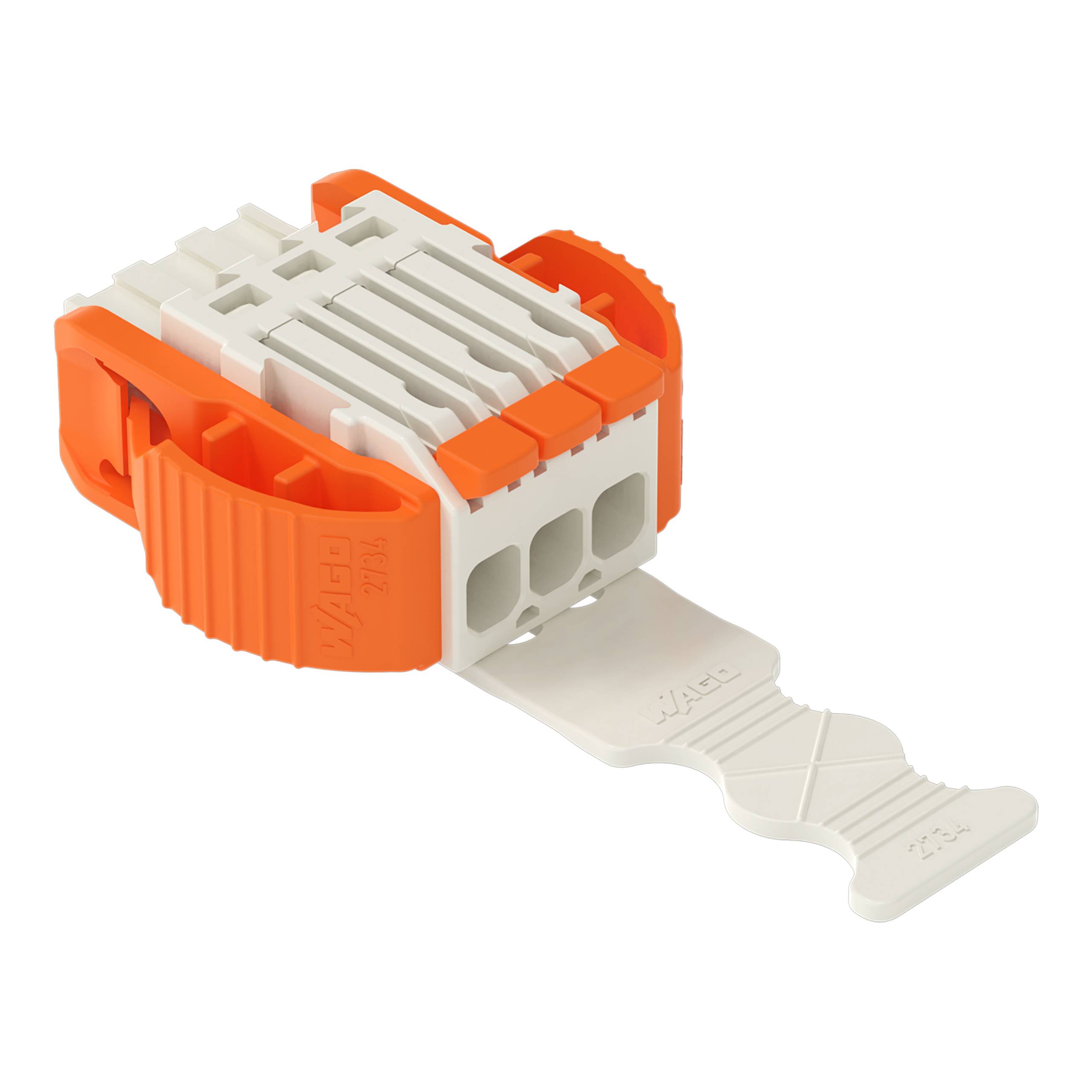 WAGO-Stecker mit orangem Hebel und weißer Basis mit drei Anschlussanschlüssen, ermöglicht einfaches Verbinden und Trennen von Leitern.