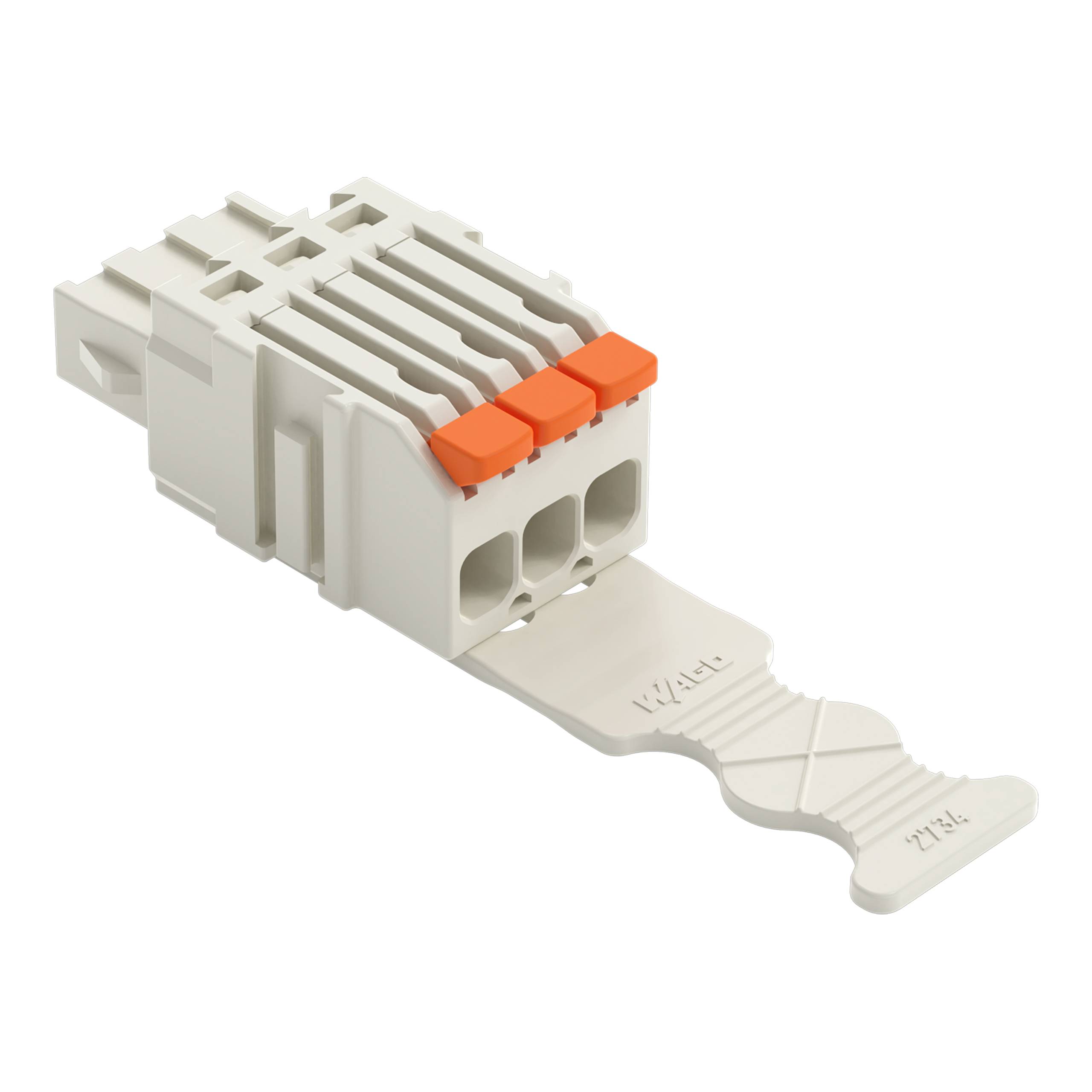 Ein grauer Elektrostecker mit drei orangefarbenen Hebeln und einer Zuglasche.