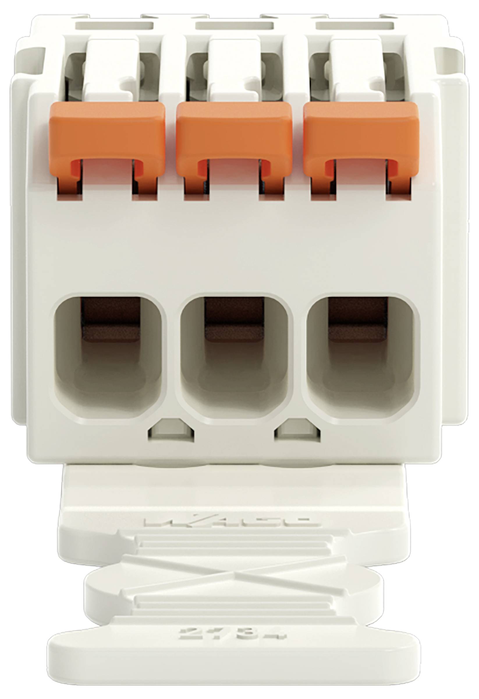 Weißer Elektrosteckverbinder mit drei orangefarbenen Hebeln oben und drei Anschlüssen unten, entwickelt für Drahtverbindungen.
