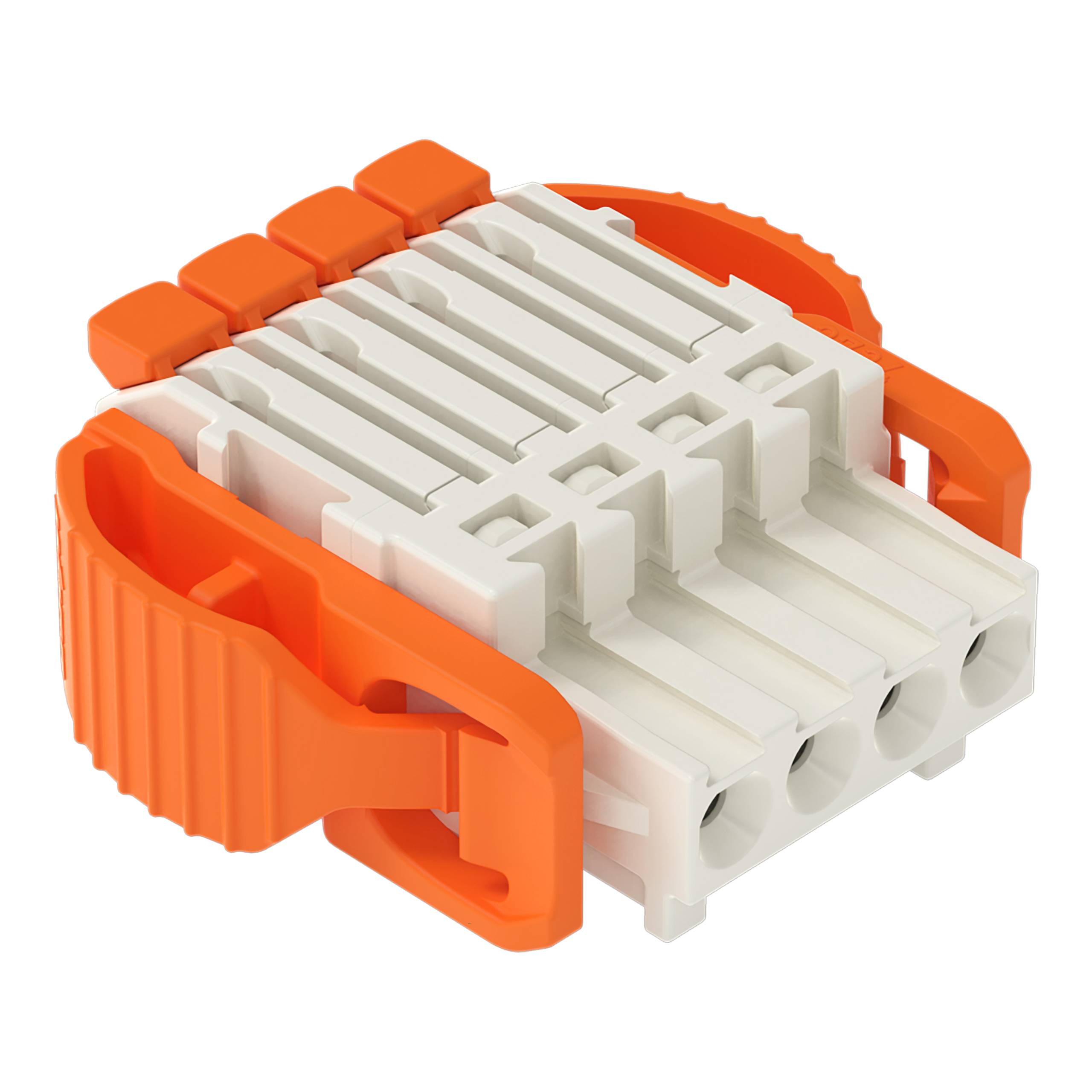 Ein weißer und oranger kompakter Elektrostecker mit vier Anschlussanschlüssen für Drahtverbindungen, ausgestattet mit Schiebeverriegelungshebeln für sichere Befestigung.