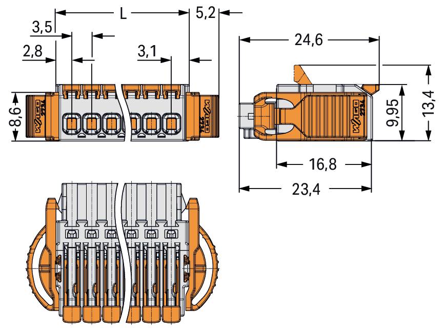Technische Zeichnung eines Elektrosteckers mit Abmessungen: 23,4mm Länge, 16,8mm Breite, 13,4mm Höhe; detaillierte Innenansicht abgebildet.