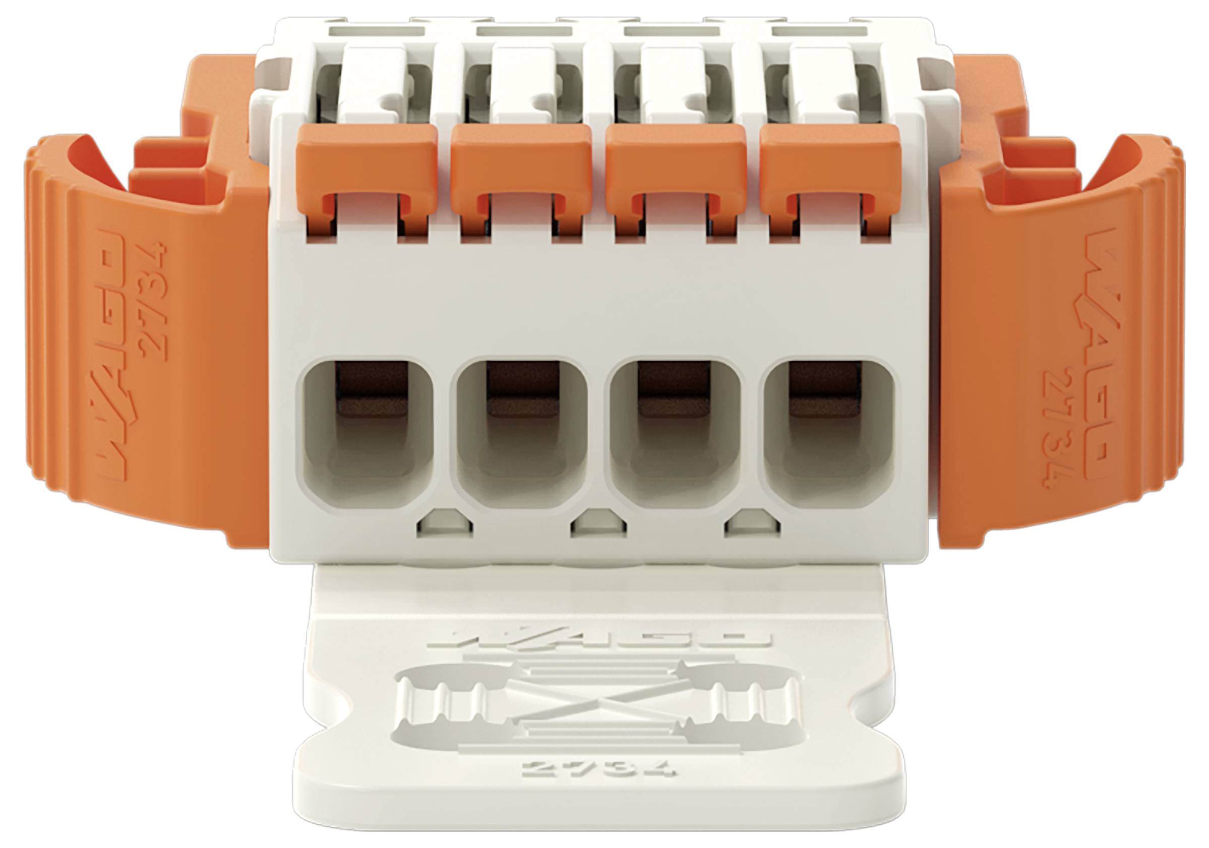 Fünf-Pol-Elektrostecker mit orangefarbenen Hebeln und weißer Basis, verwendet zum sicheren Verbinden von Stromkabeln.