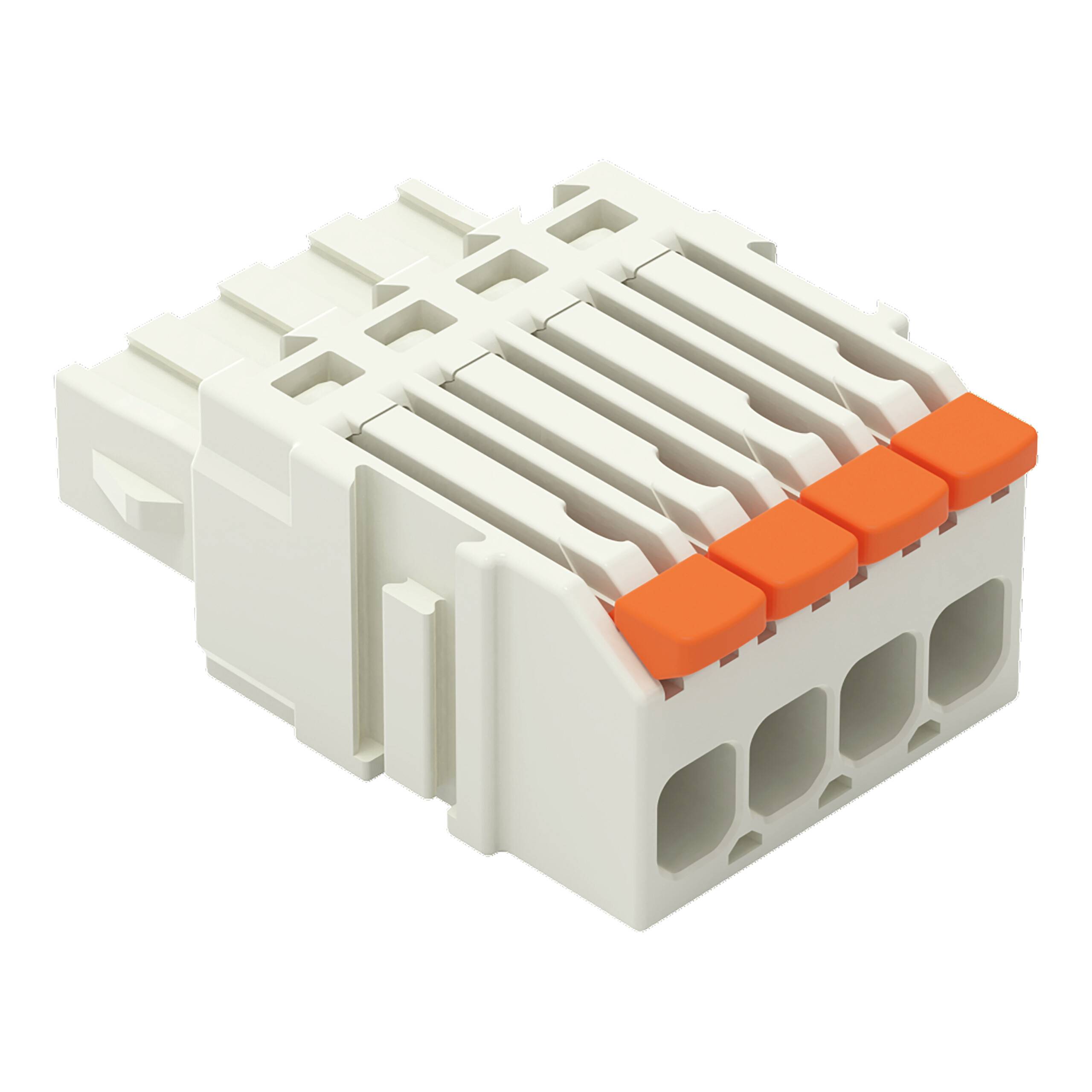 Ein weißer Elektrostecker mit vier orangefarbenen Druckknöpfen, der zum Verbinden von Drähten verwendet wird, in einer Winkelansicht auf einem einfachen Hintergrund dargestellt.