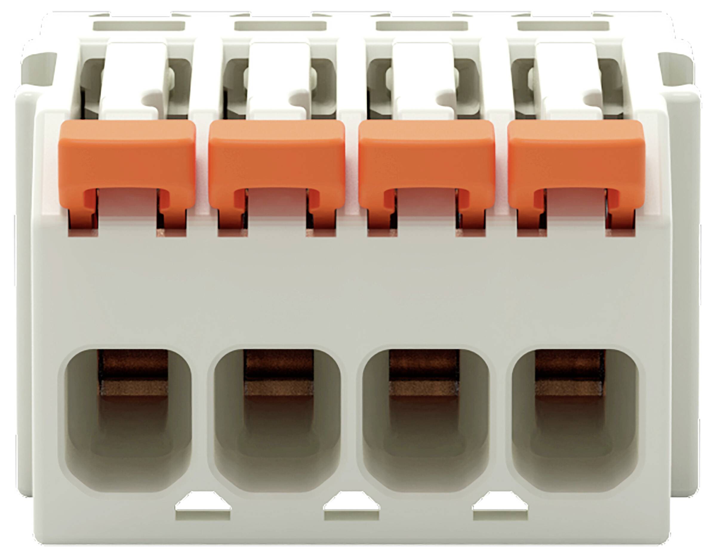Ein grau-oranges Klemmleisten-Terminal mit sechs Positionen und hebelbetätigten Anschlüssen, das zum Verdrahten und für Elektroanwendungen verwendet wird.